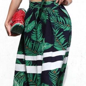 Green Tropical Leaf Maxi Skirt with White Stripe Detail